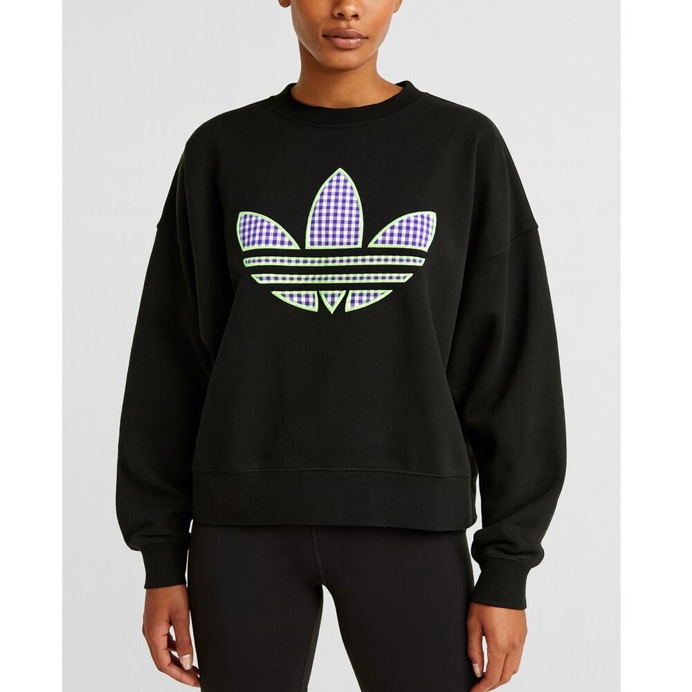 Adidas Trefoil Neon Gingham Logo Cropped Sweatshirt Black Women’s Size L